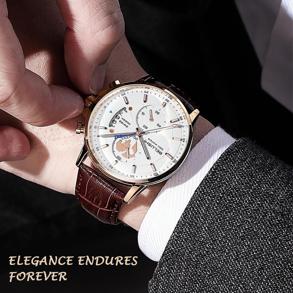 eYotto Mens Stainless Steel Luminous Dial Stylish Watch, Multifunction Quartz Movement Chronograph Analog Calendar Date Waterproof Leather Wristwatch, Business Formal Dress Gift Watch for Men