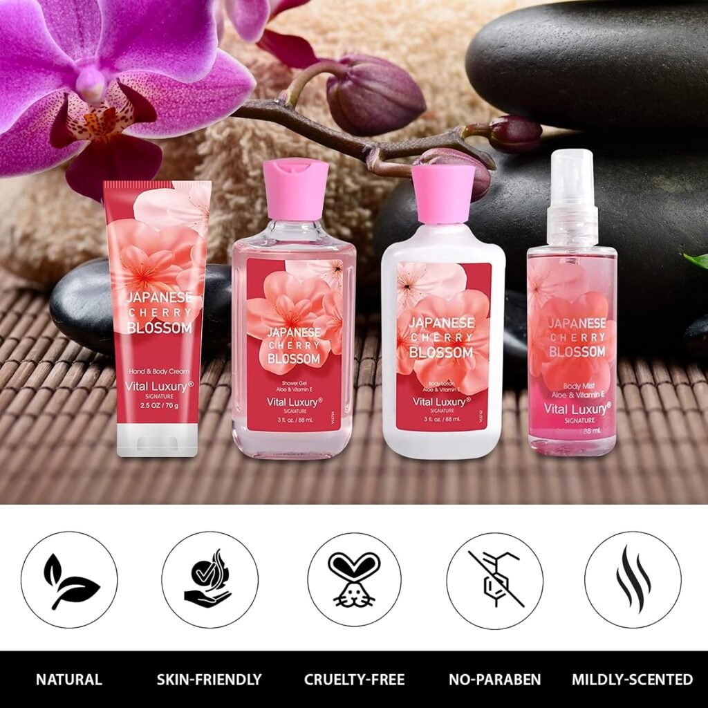 Bath  Body Kit, 3 Fl Oz Travel Size, Ideal Skincare Relaxing Home Spa Set, Includes Body Lotion, Shower Gel, Body Cream, and Fragrance Mist, Bath Gifts for Her and Him (Japanese Cherry