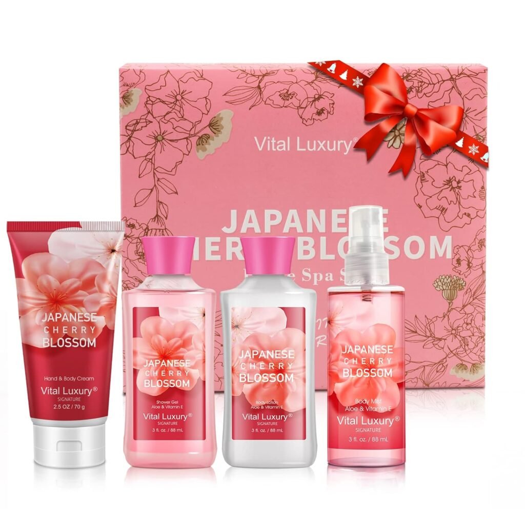 Bath  Body Kit, 3 Fl Oz Travel Size, Ideal Skincare Relaxing Home Spa Set, Includes Body Lotion, Shower Gel, Body Cream, and Fragrance Mist, Bath Gifts for Her and Him (Japanese Cherry