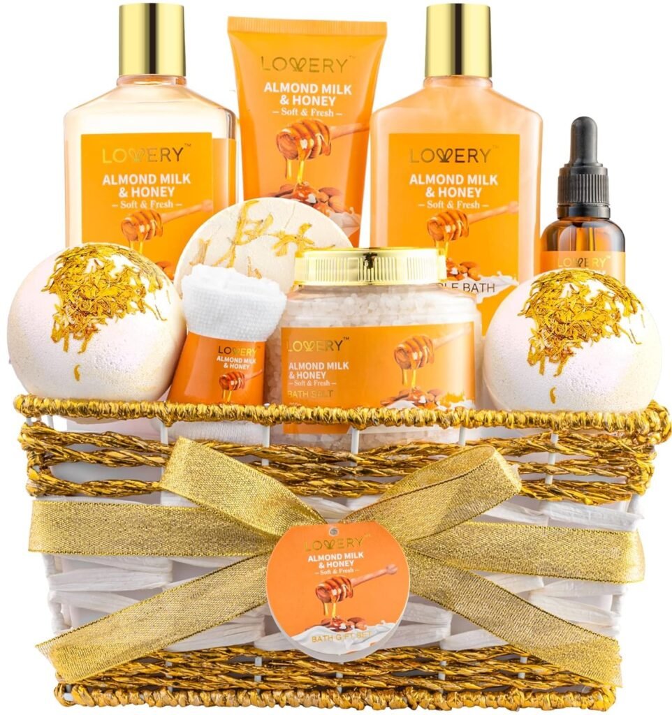 Gift Basket for Women - 10 Pc Almond Milk  Honey Beauty  Personal Care Set - Home Bath Pampering Package for Relaxing - Spa Self Care Kit - Thank You, Birthday, Mom, Anniversary Gift