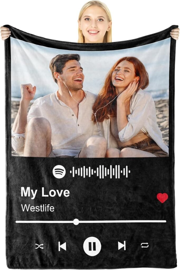 Custom Blanket with Picture Personalized Spotify Music Cover Gifts for Boyfriend Girlfriend, Anniversary Memorial Photos Gifts for Him Her Couple, Customized Christmas Valentines Day Birthday Gifts