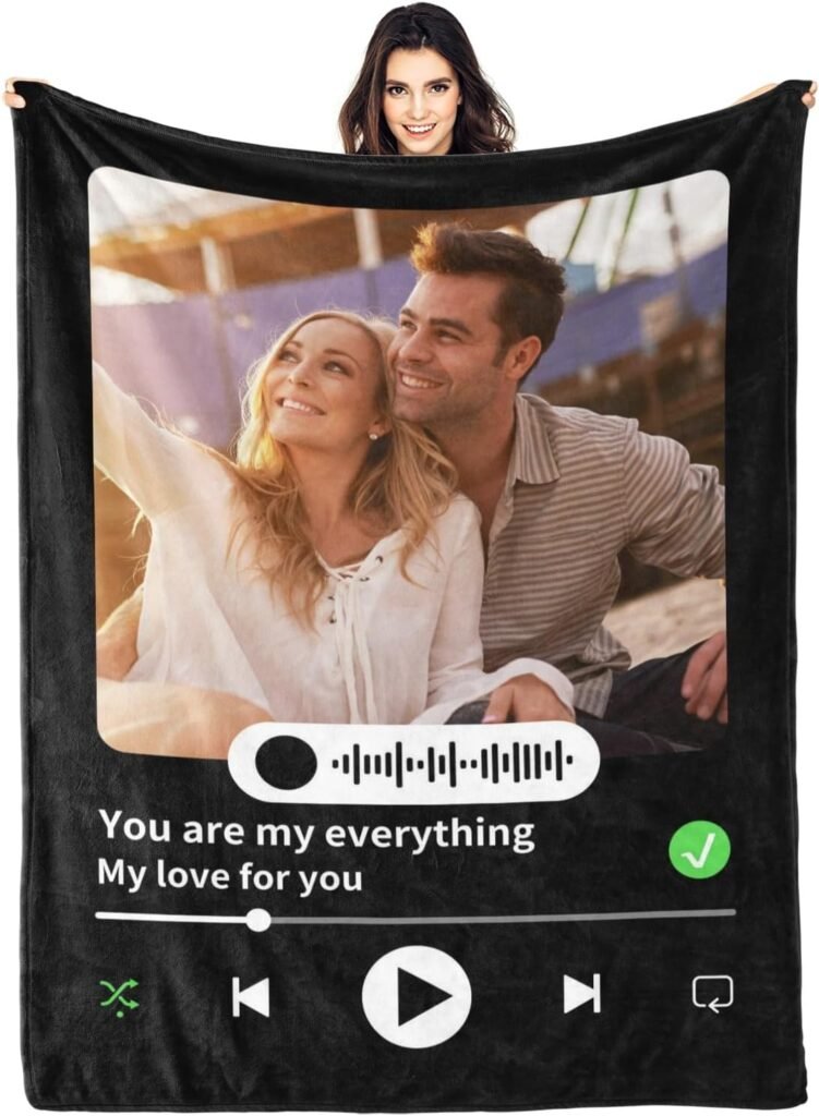 Personalized Spotify Code Music Blanket, Valentines Day Gifts for Him Her, Custom Love Blanket with Picture Text for Couple Boyfriend Girlfriend Wife Husband