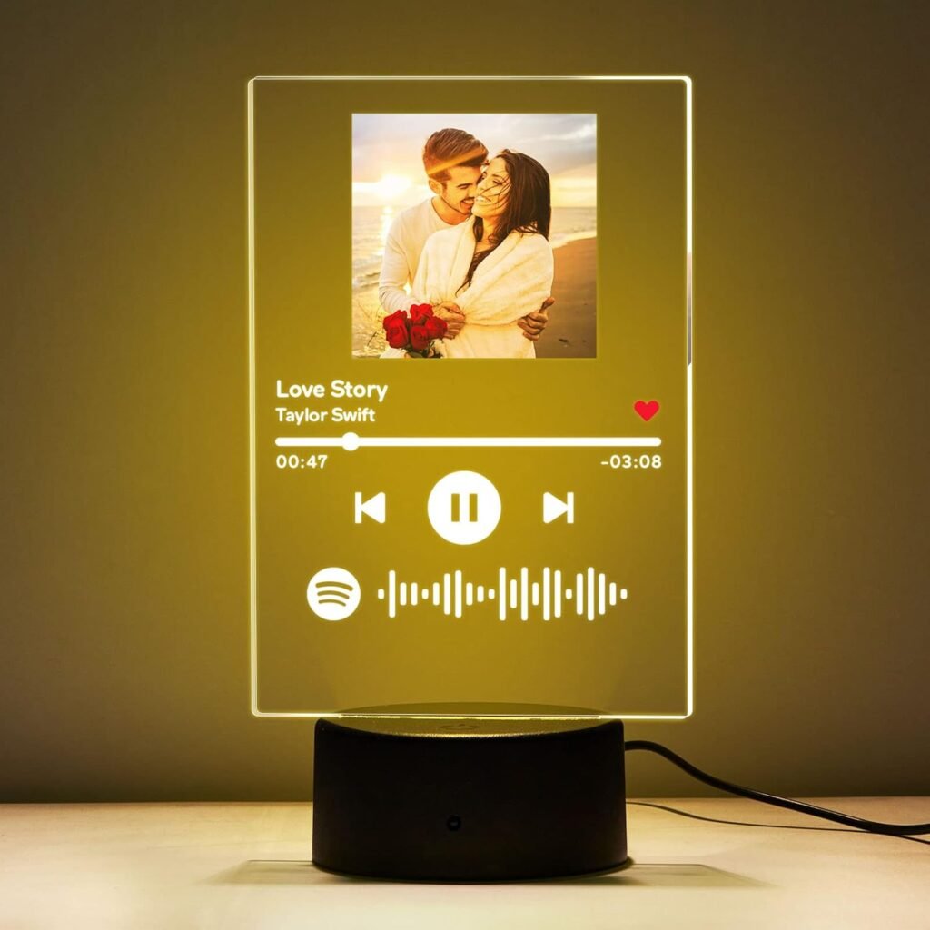 VEELU Custom Spotify Plaque Glass Art with Night Light, USB Touch Control Color Changing LED Light, Personalised Scannable Spotify Code Music Plaque (7 Colors Stand and Remote Control)